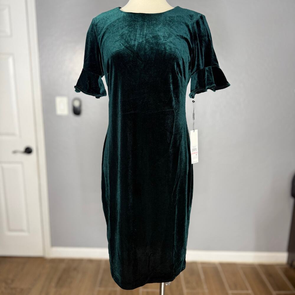 Calvin Klein Velvet Sheath With Flutter Sleeves, Green, 10